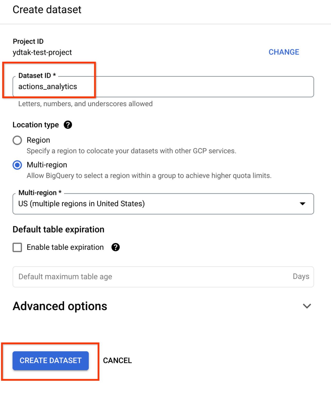 actions_analytics set as Dataset ID