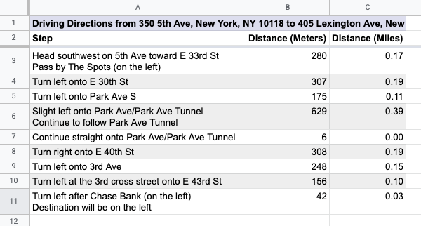 Screenshot of driving directions in a sheet.