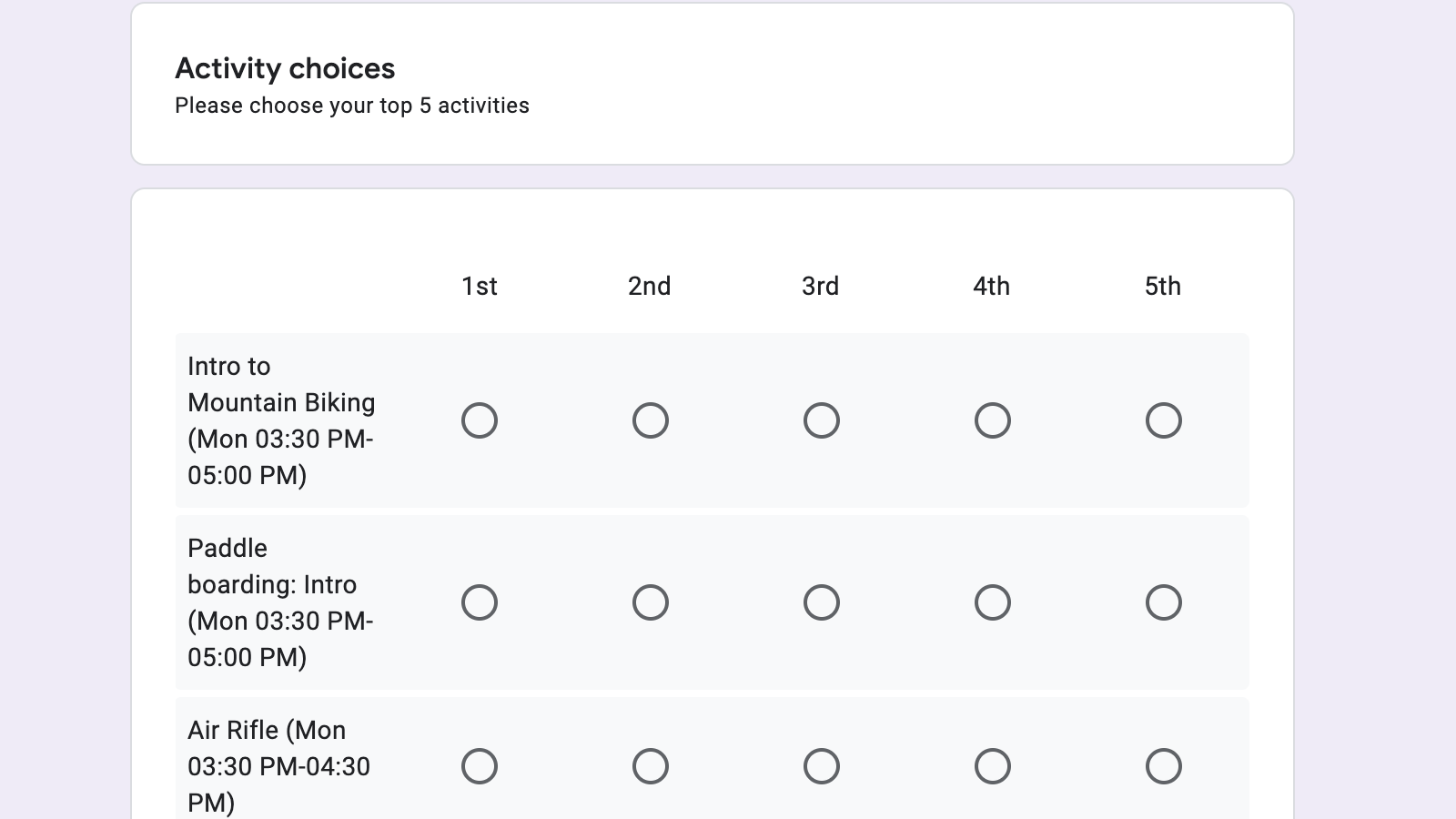 Screenshot of activity sign-up form