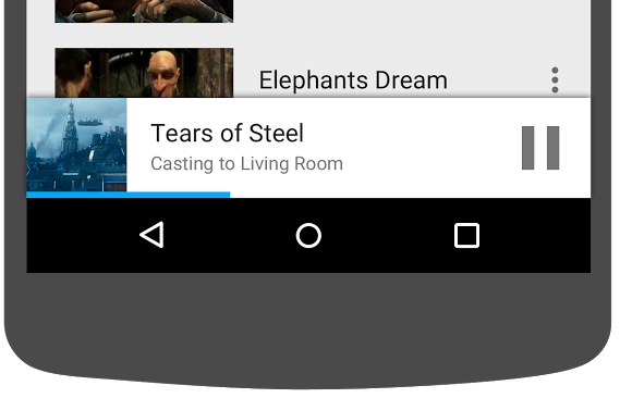 Illustration of bottom portion of Android phone showing the miniplayer in the Cast Videos app