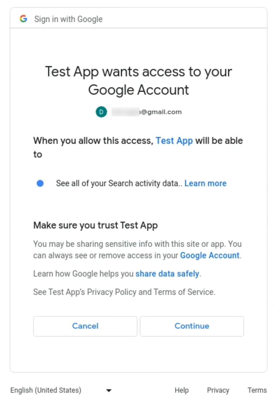 The consent screen where the user agrees to allow access to search activity data