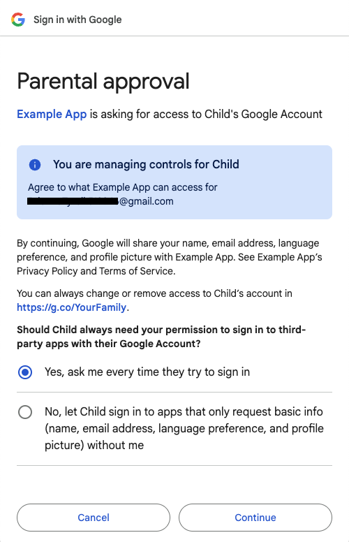 Parental approval for child to sign in page