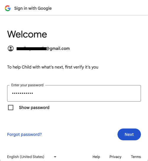 Parent's approval password page