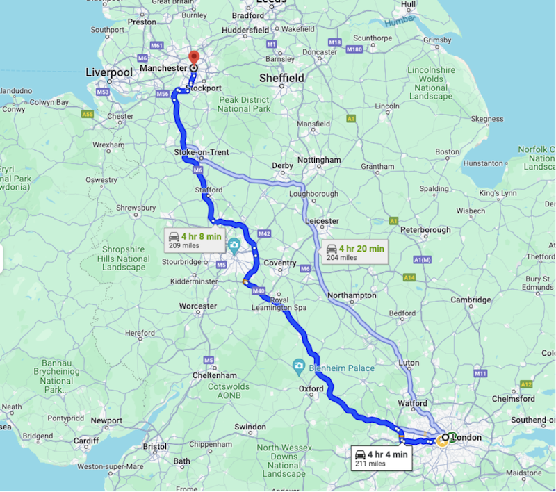 Route from London to Manchester