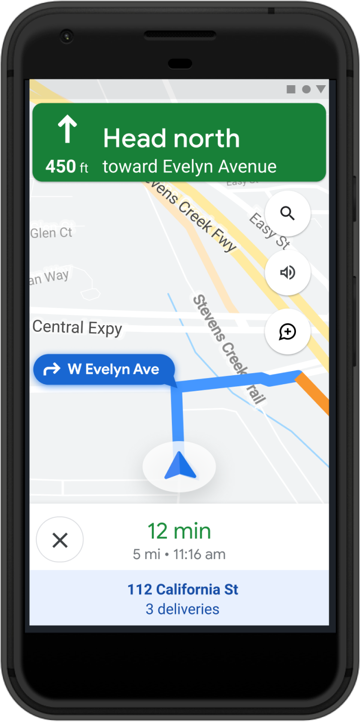 An
image of a phone displaying Google Maps on active routing