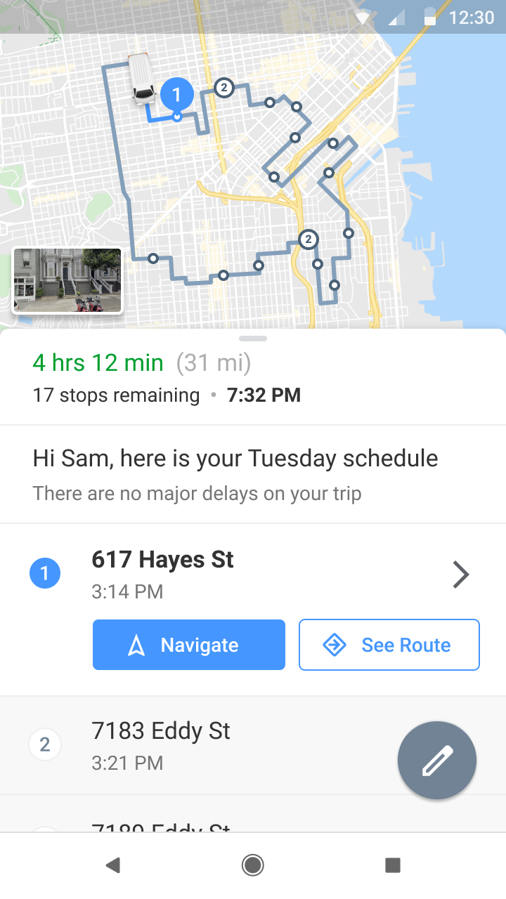 A
screenshot of Google maps displaying a route with several stops