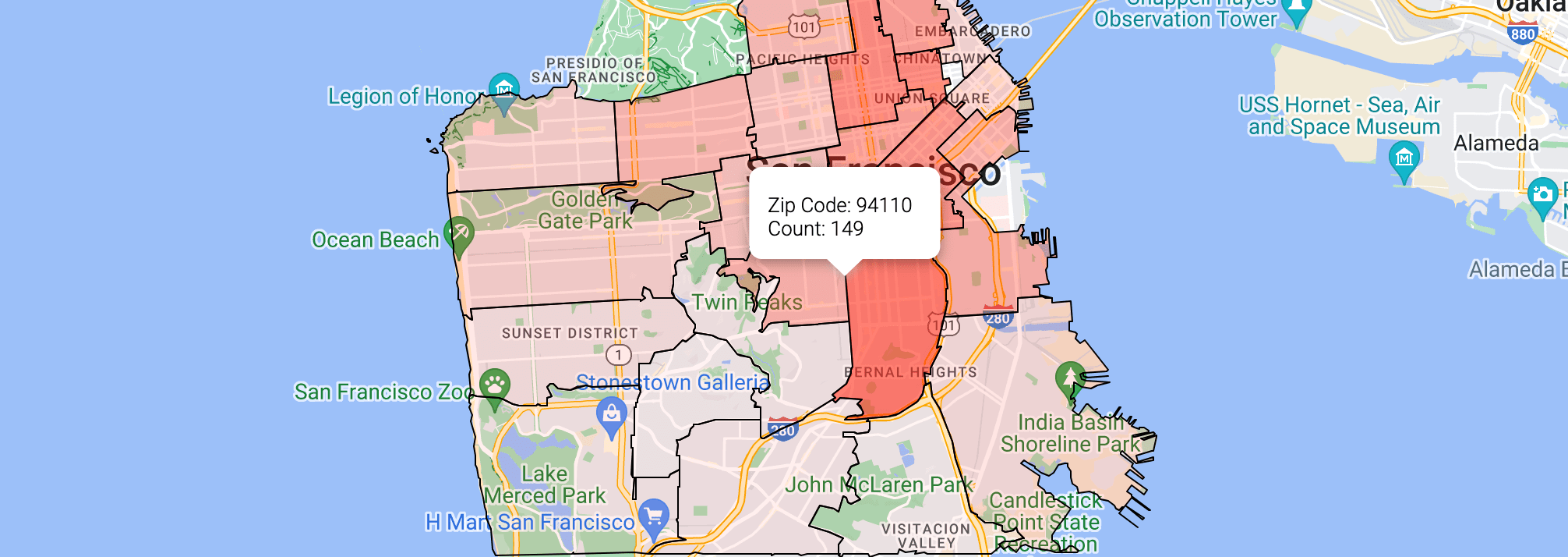 A heatmap of restaurants by volume in Mountain View.