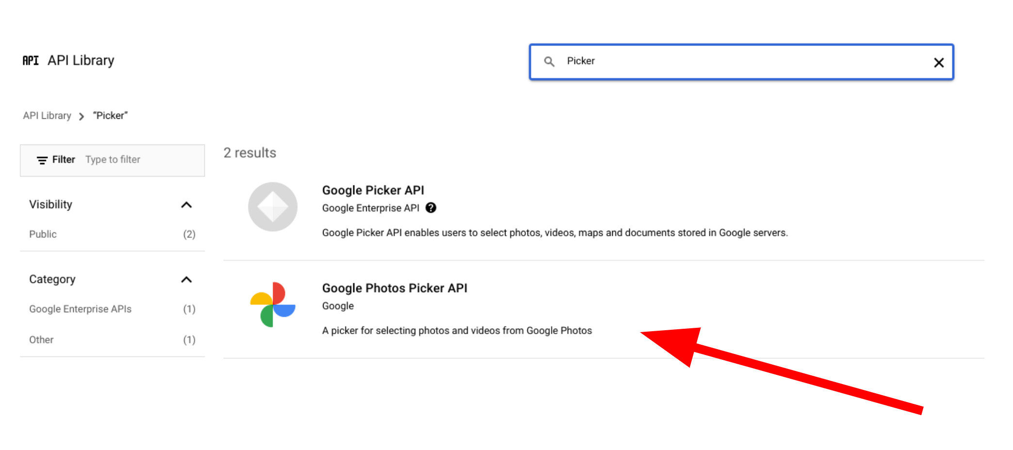 Screenshot of picker APIs in Google Cloud console