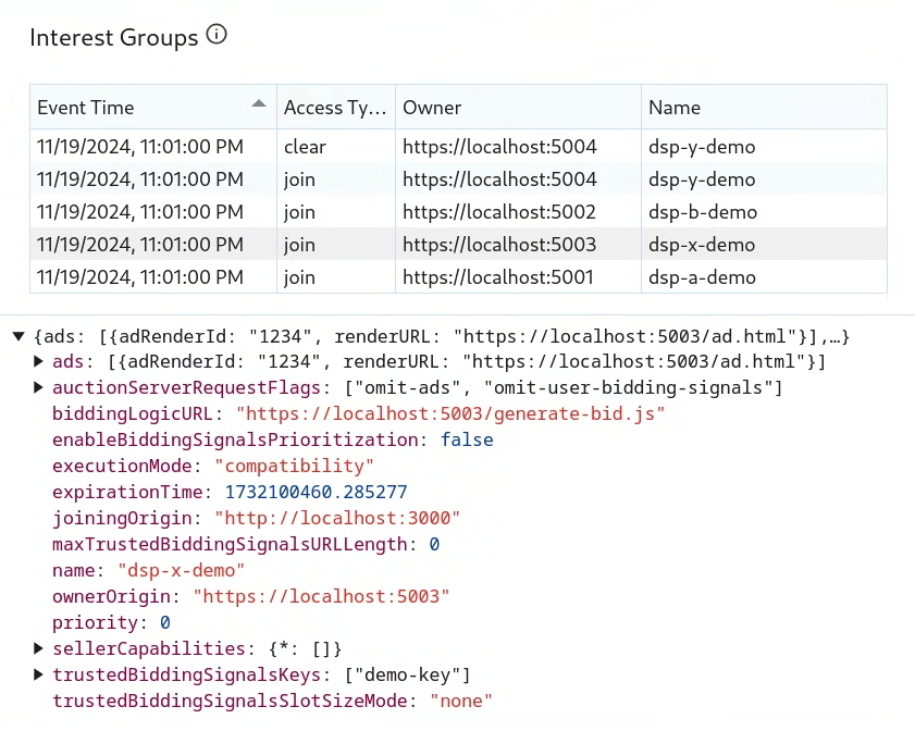 A screenshot of interest groups in Chrome DevTools