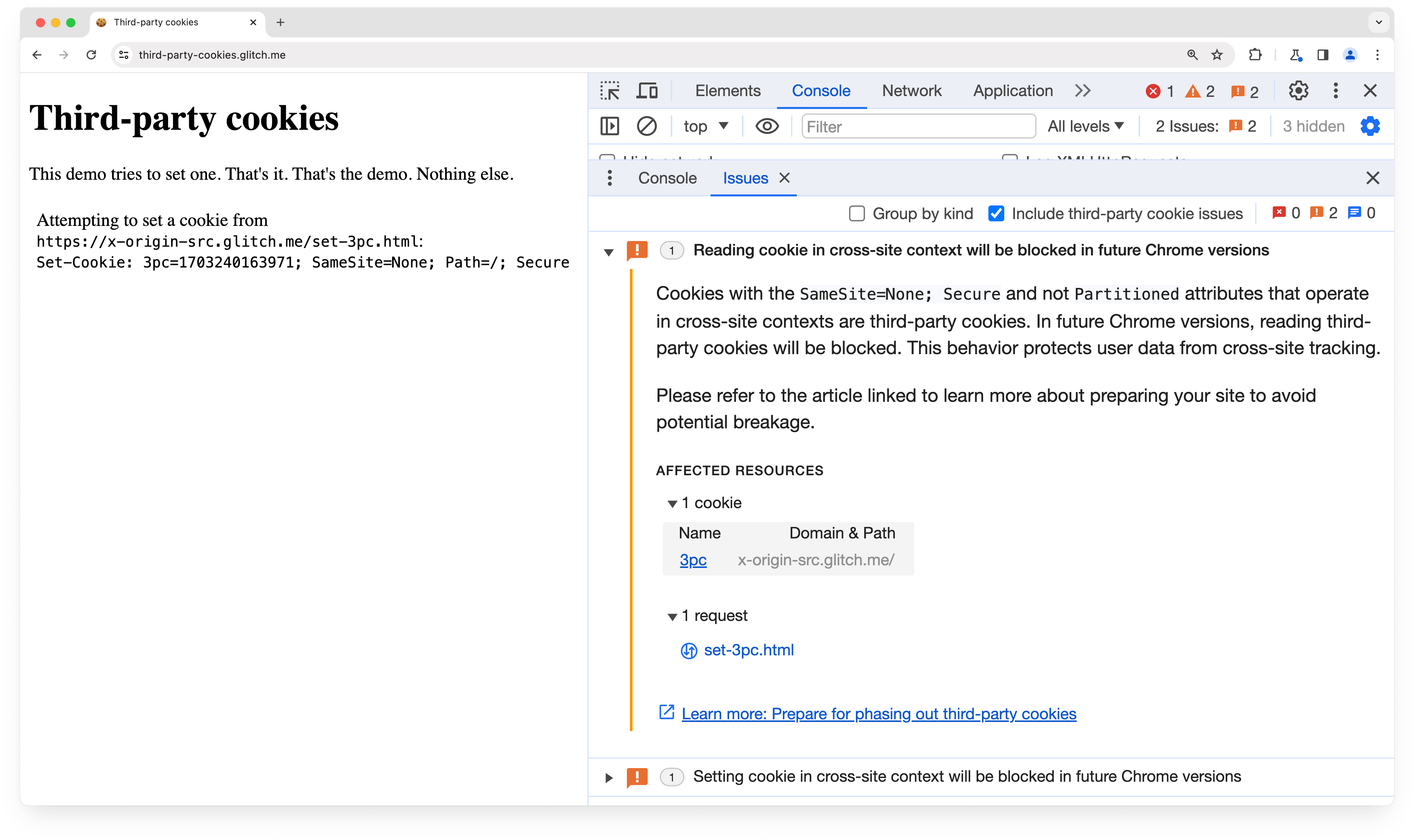 DevTools Issues tab showing a warning for SameSite=None cookies.