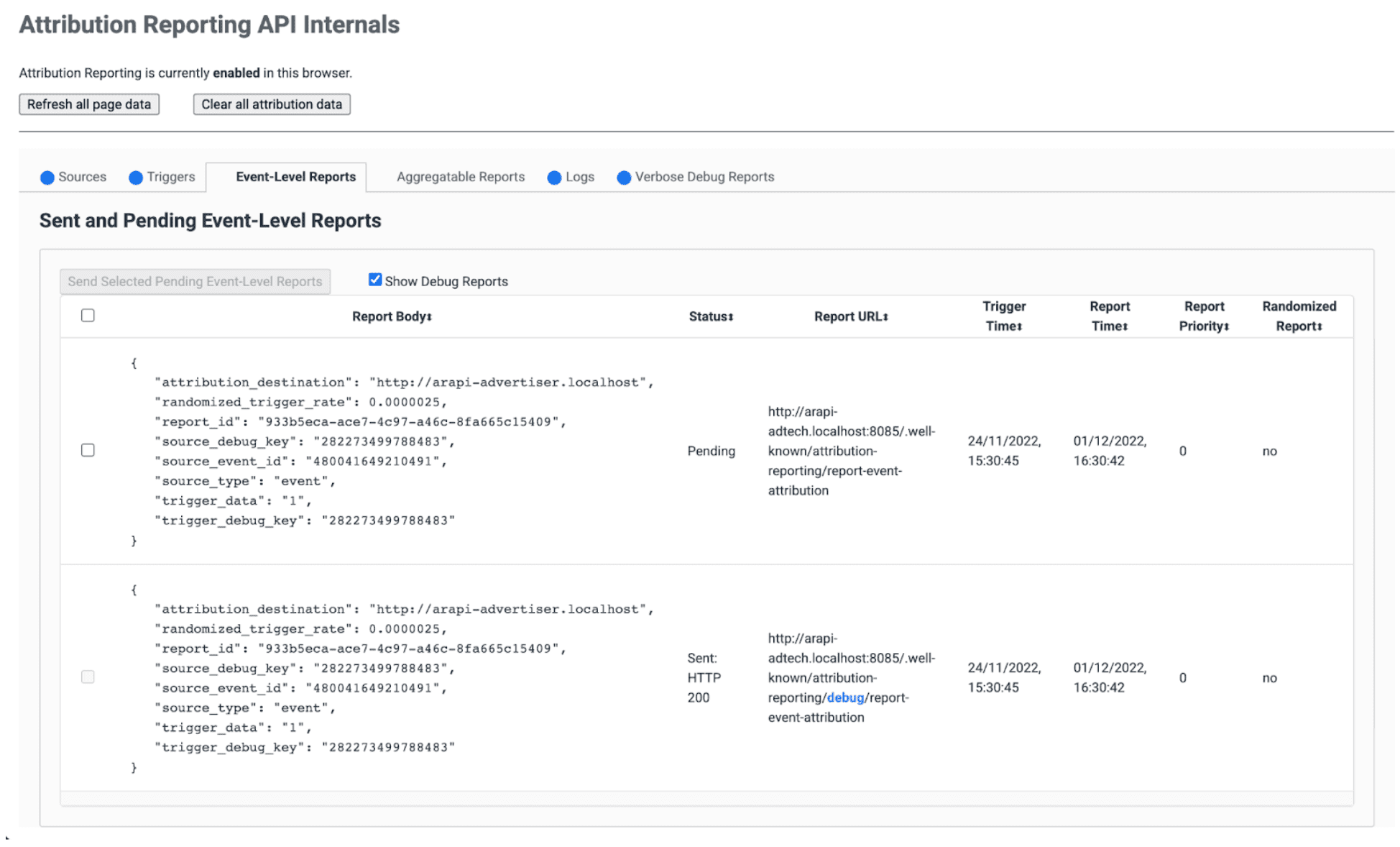 Screenshot: Attribution internals