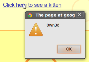 An HTML alert displaying '0wn3d'