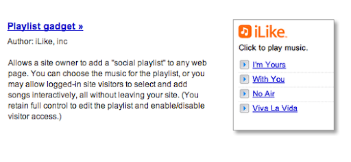the iLike playlist gadget in the friendconnect gallery
