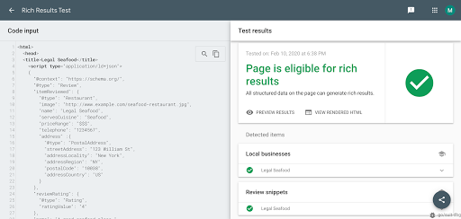 Review snippet in the Rich Results Test