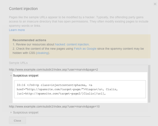 A detailed view of a malware report, showing the compromising code snippet