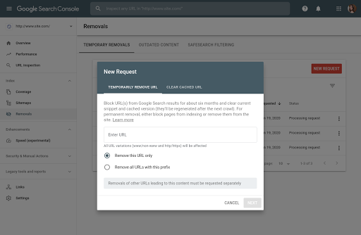 Requesting a temporary removal in Search Console