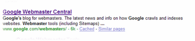 Google Webmaster Central displays as the title link of a search result