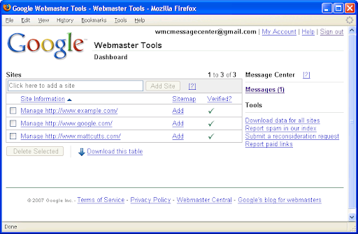 webmaster tools message center