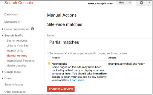 Example of a Hacked site manual action on a Partial match: if our systems detect that the hacked content is no longer present, in some cases we will automatically remove the manual action