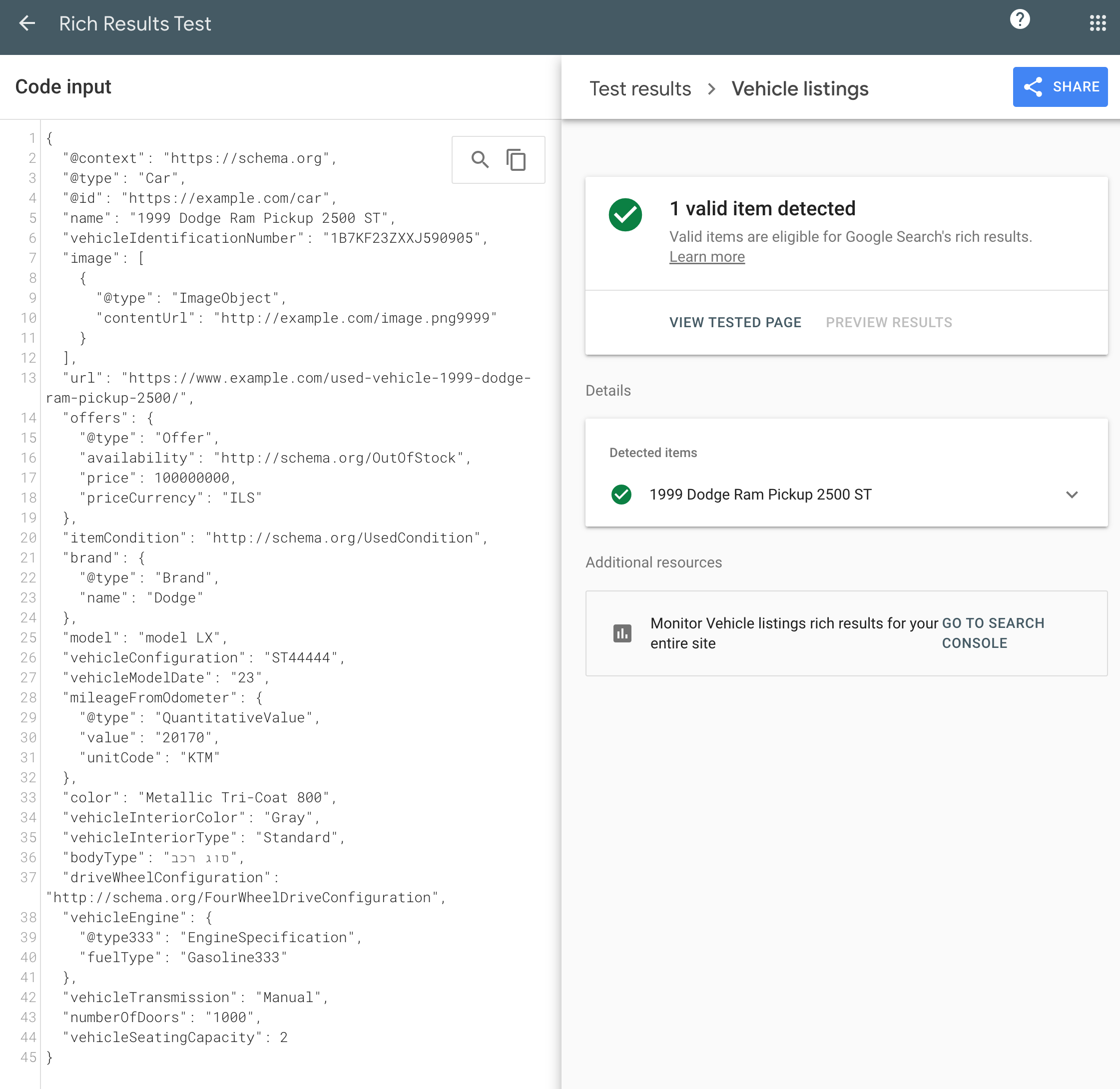 Screenshot of the new Vehicle listings validation in the rich results test