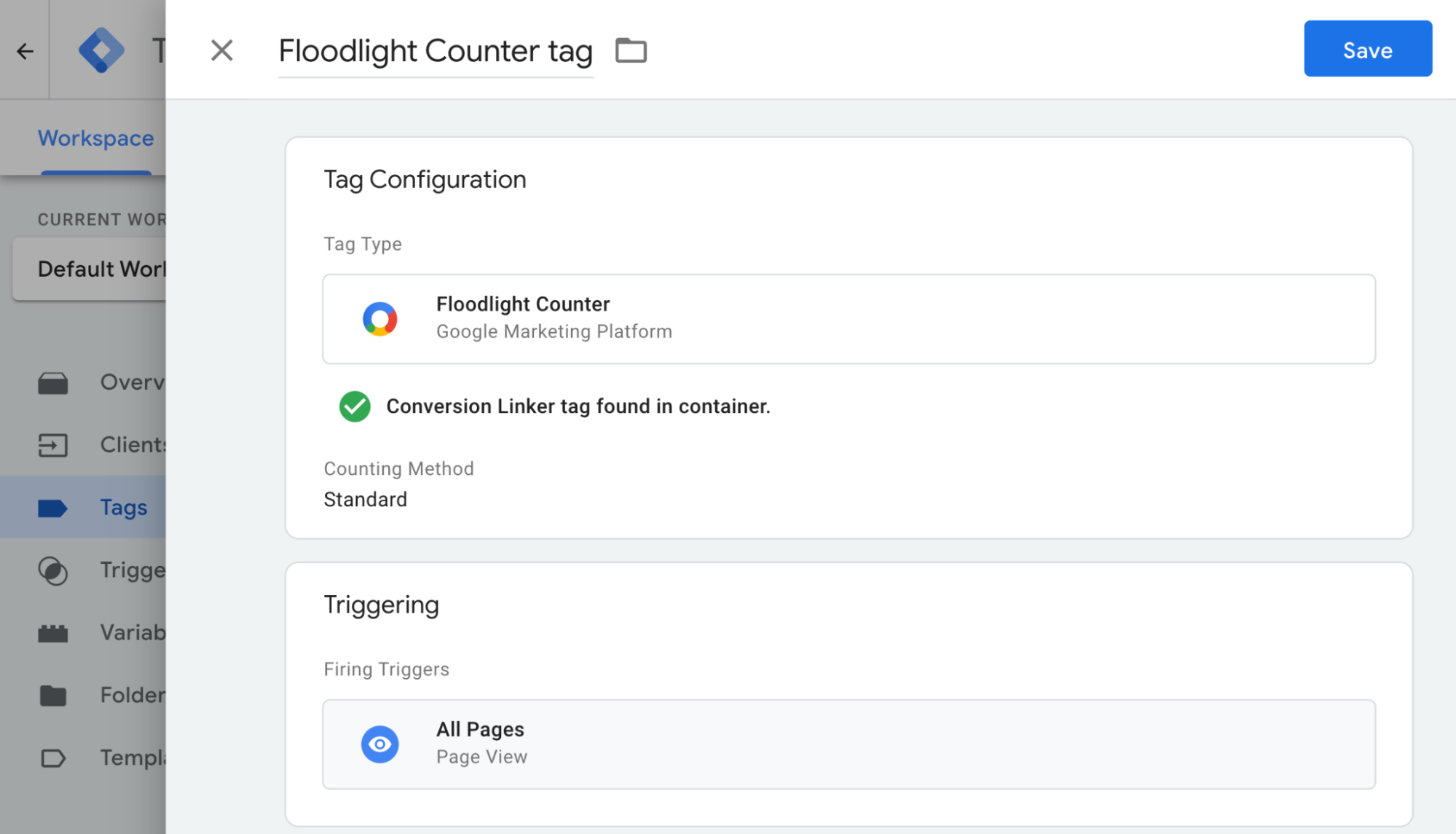 Screenshot showing the Floodlight Counter tag name field changed to Floodlight
Counter tag