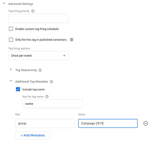 Screenshot of the Tag Manager user interface, demonstrating the location of the Additional Tag Metadata section